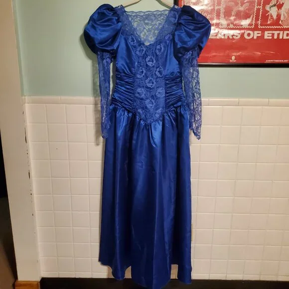 Vintage Royal Blue 80s Long Sleeve Lace A Line Prom Party Dress Women's Size 12 - Picture 14 of 15